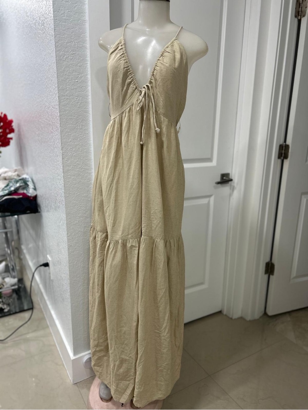 Neutral Cream Maxi Dress with Tie-Front and Spaghetti Straps